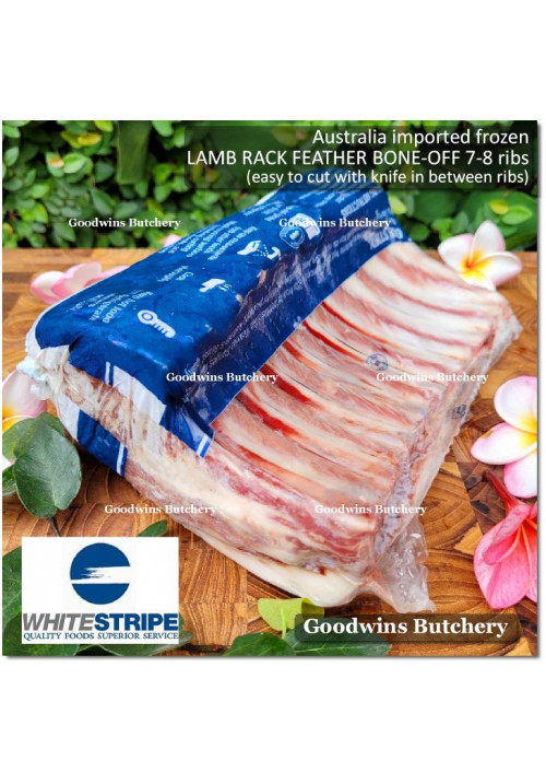 Lamb RACK FEATHER BONE-OFF Australia frozen WHITE STRIPE WHOLE CUT 8 ribs +/-1.3kg (price/kg)